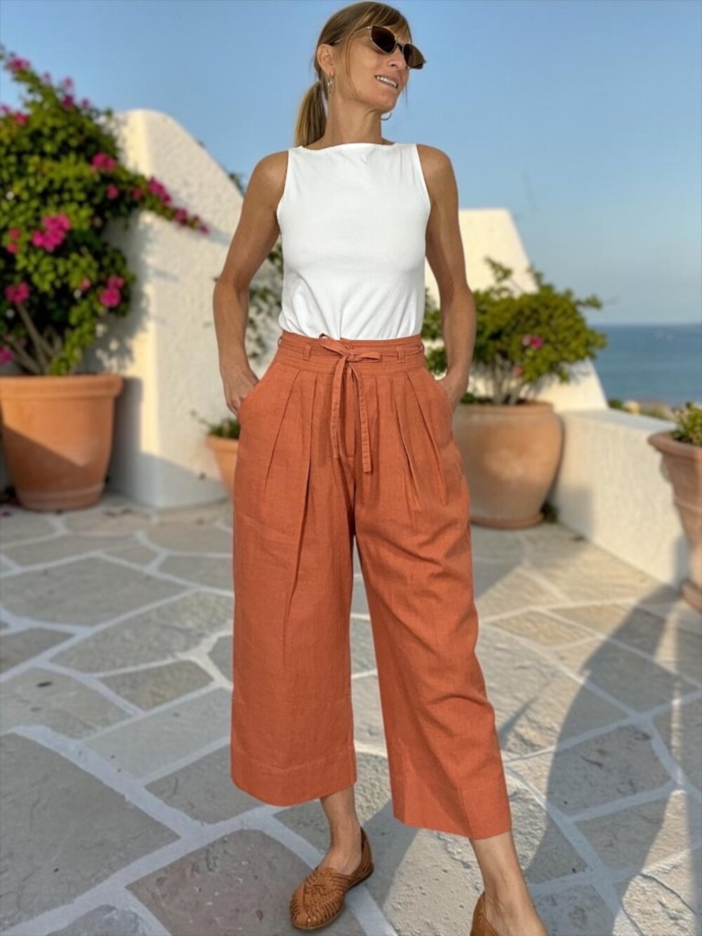 Anthropologie En Saison Jasper Pant XS Coral Wide Leg High Rise Belted - Picture 1 of 16